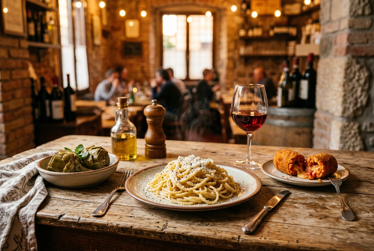 Authentic Roman cuisine — cacio e pepe, artichokes and wine in a trattoria